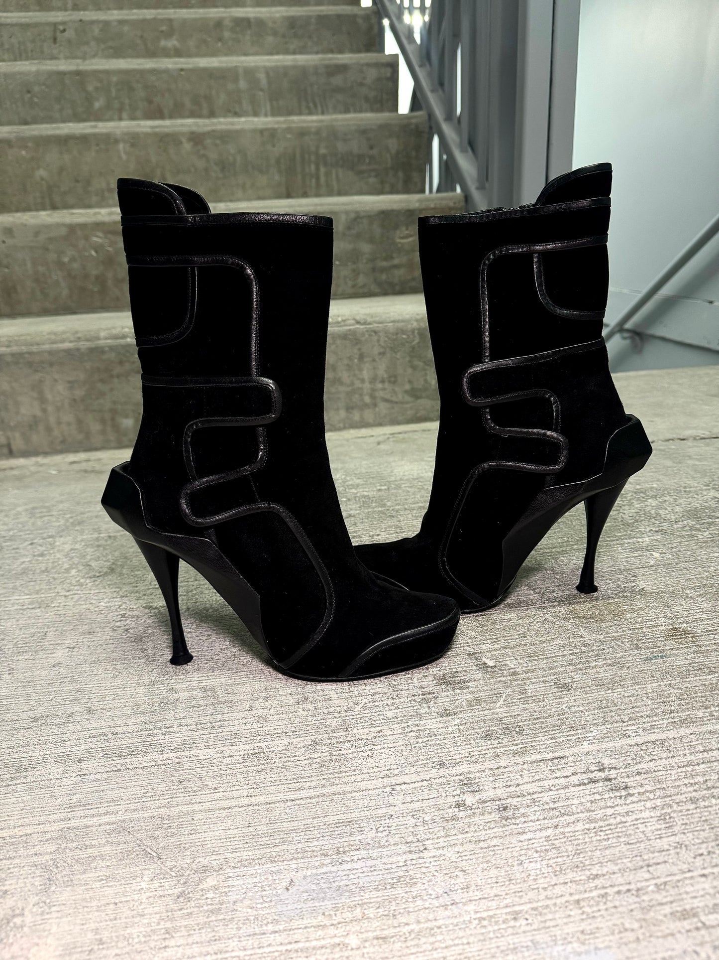 Celine 2009 Black Suede Sculpted Heel Boots