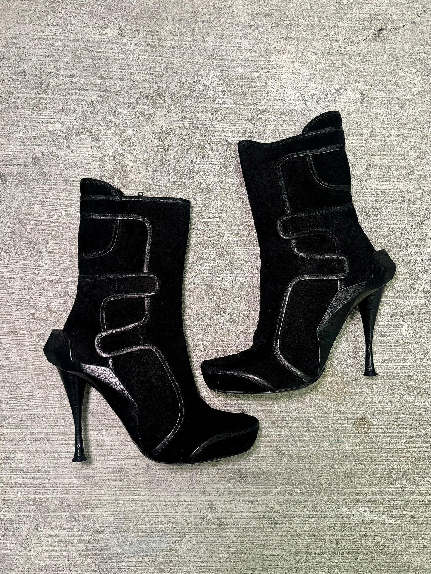 Celine 2009 Black Suede Sculpted Heel Boots