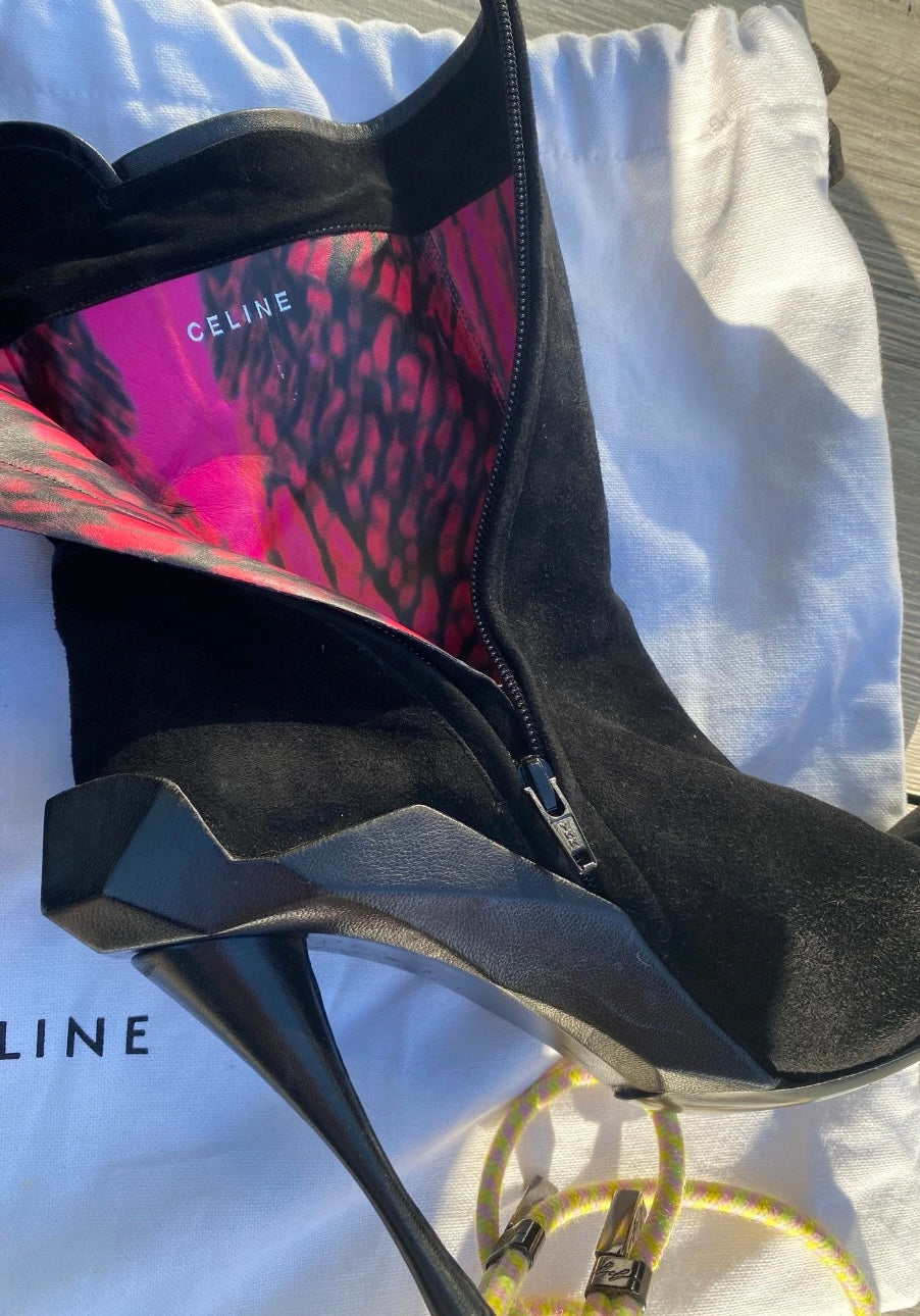 Celine 2009 Black Suede Sculpted Heel Boots