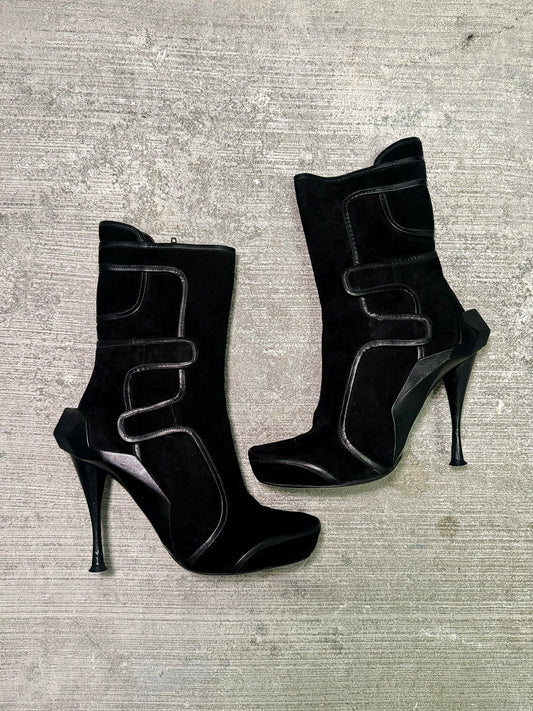 Celine 2009 Black Suede Sculpted Heel Boots